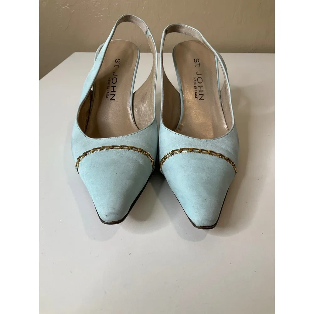 St. John Slingback Heel Nappa Leather Pointed Toe‎ Light Blue Gold Chain Italy 7
